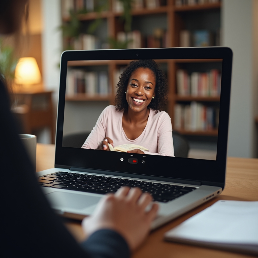 Two people on a video call discussing their weekly activity progress with notebooks and coffee visible