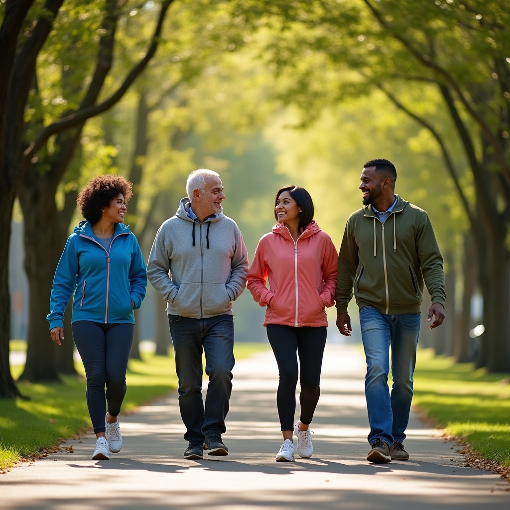 Diverse group of adults engaged in an outdoor morning walk, laughing and talking, in a park setting
