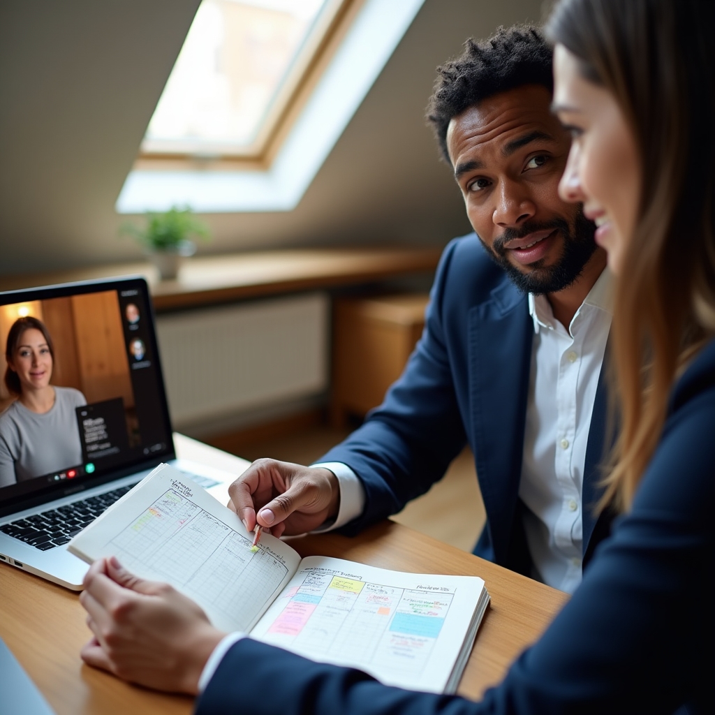 Instructor reviewing habit tracking journal with a participant during an online session