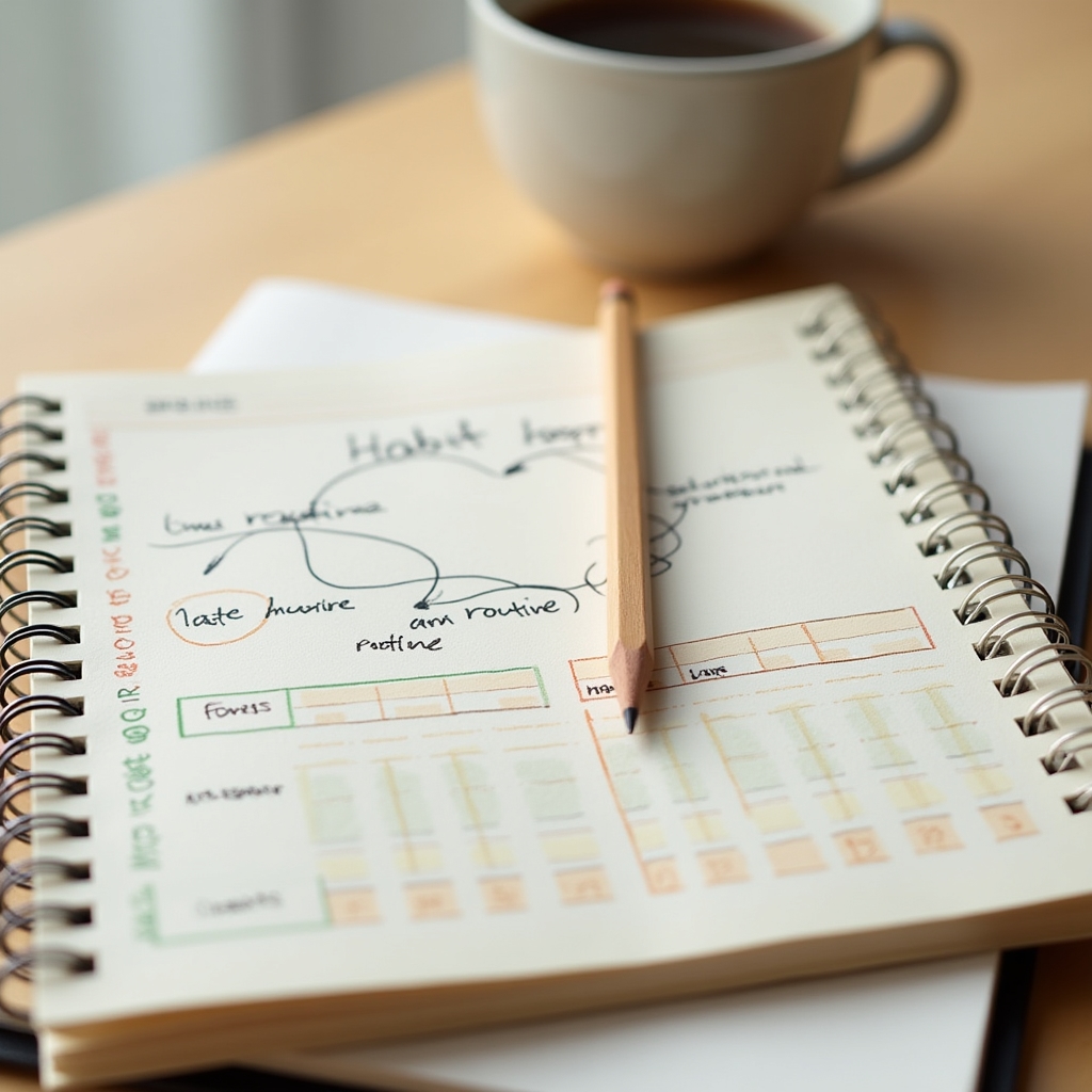 Close-up of a behavioral habit tracker notebook with color-coded entries and a pen resting across it