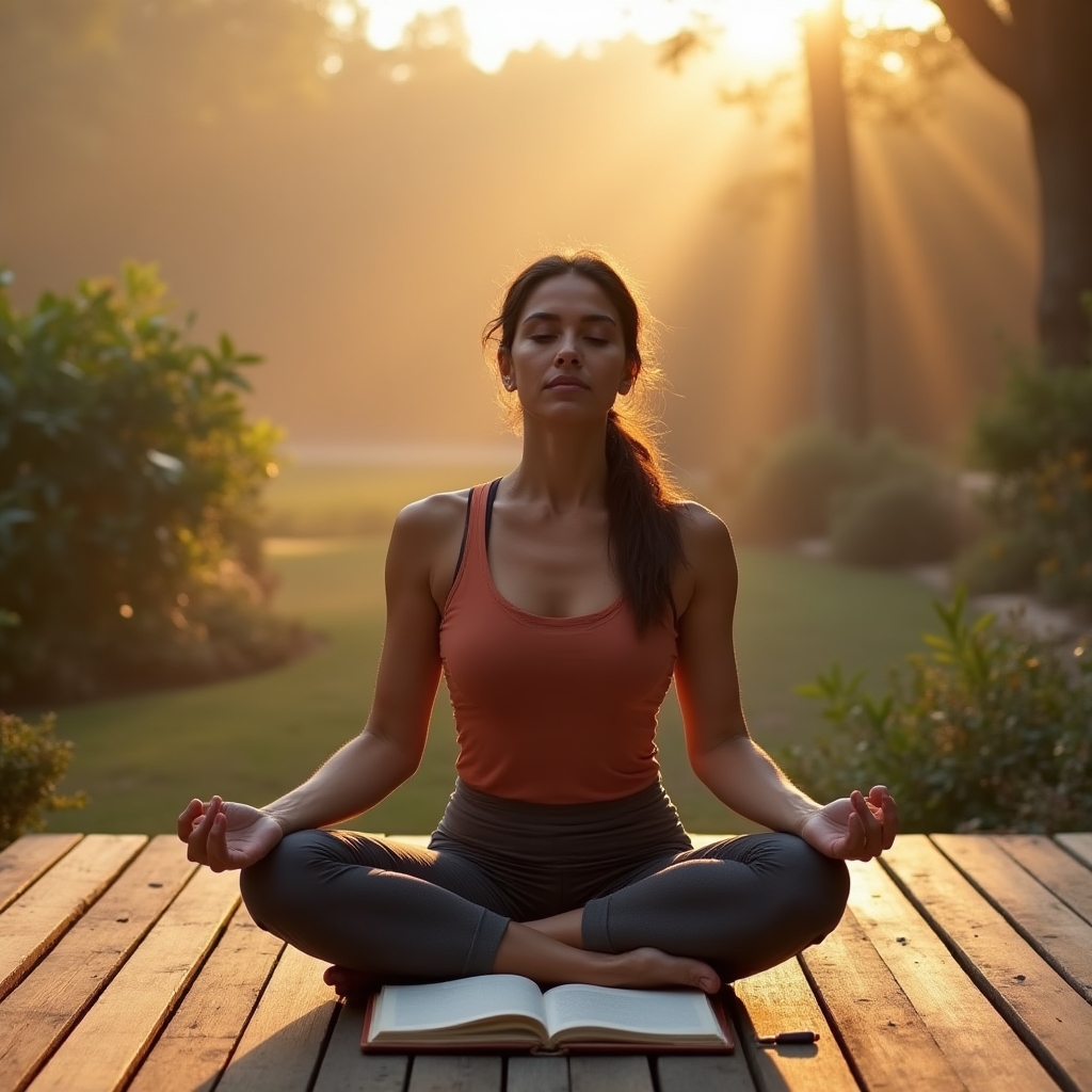 Person meditating outdoors at dawn with a journal open beside them, soft golden light across the scene