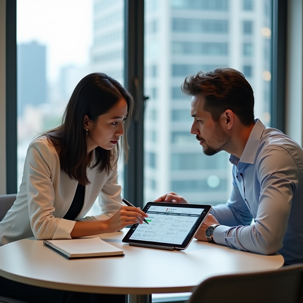 Instructor and participant reviewing a weekly schedule on a tablet together, both engaged and thoughtful