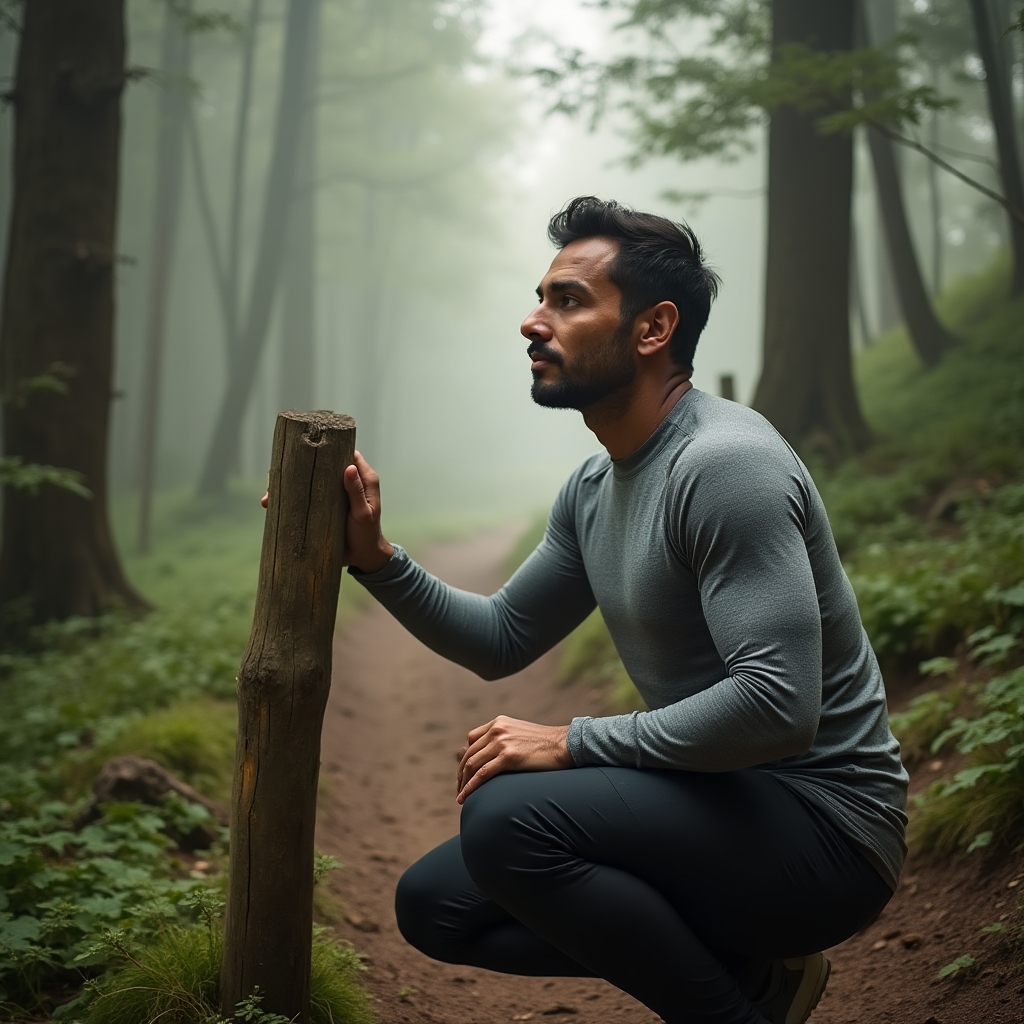 Runner pausing on a trail to stretch and reflect, looking calm and determined despite a difficult moment